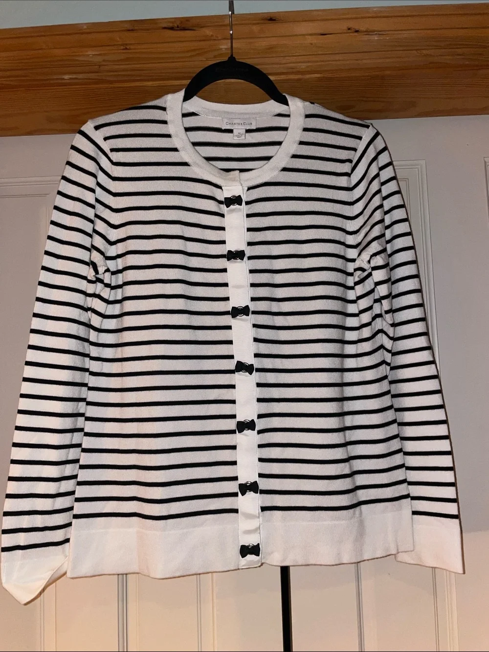 Charter Club Black and White Striped Button-Front Cardigan - Picture 1 of 6